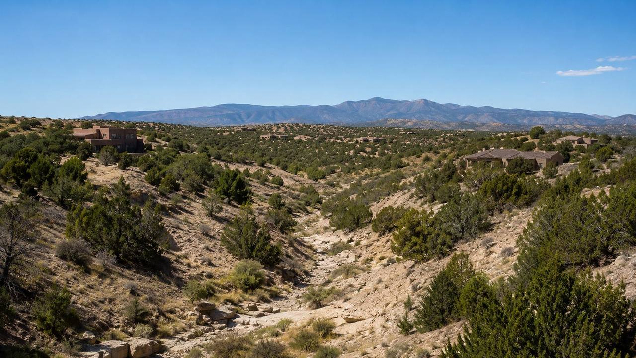 Rolling high-desert foothill terrain near Placitas, New Mexico with a custom home on a large lot and a dry arroyo
