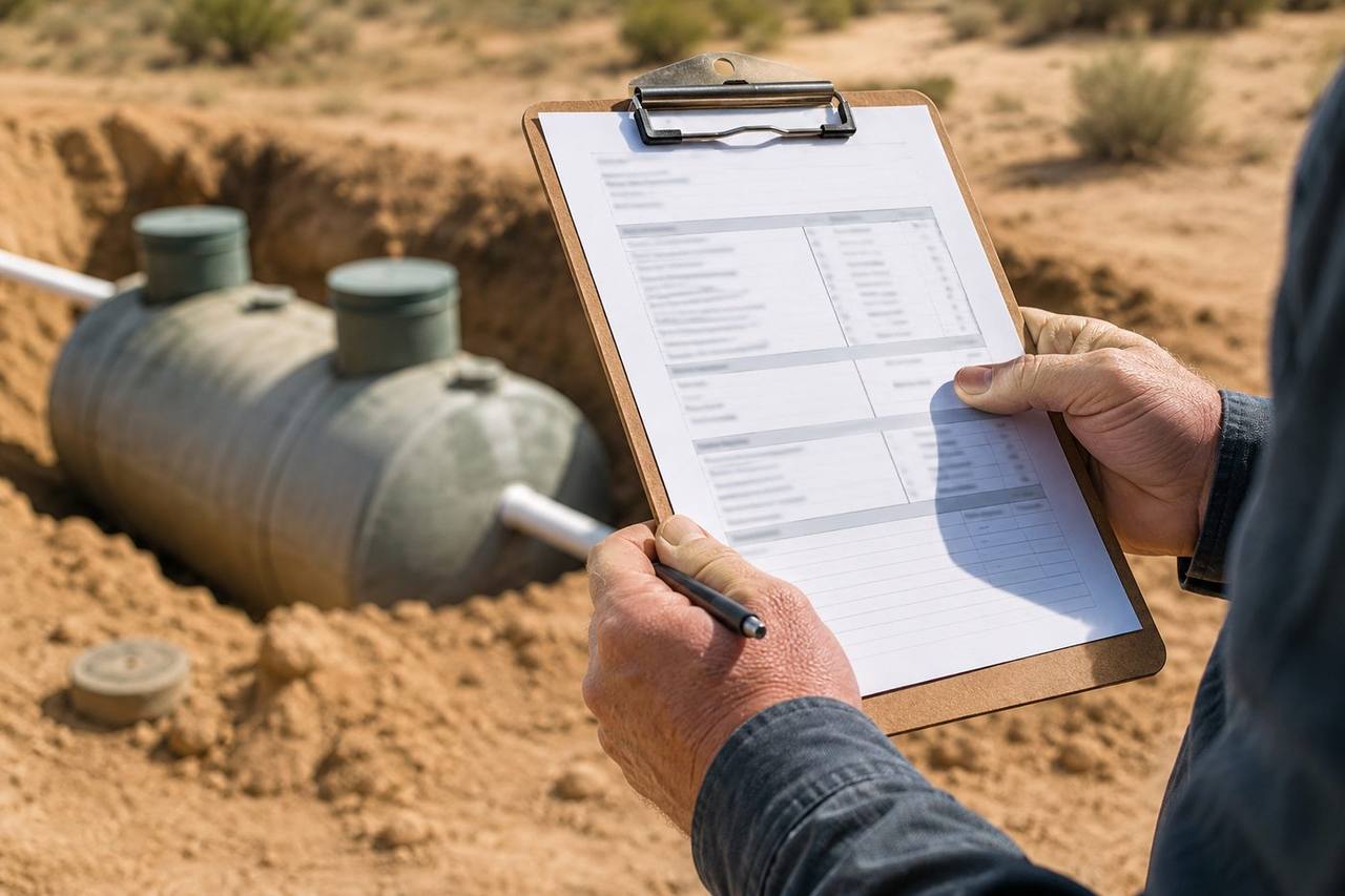 Hands reviewing a cost estimate sheet on a clipboard at an outdoor septic jobsite