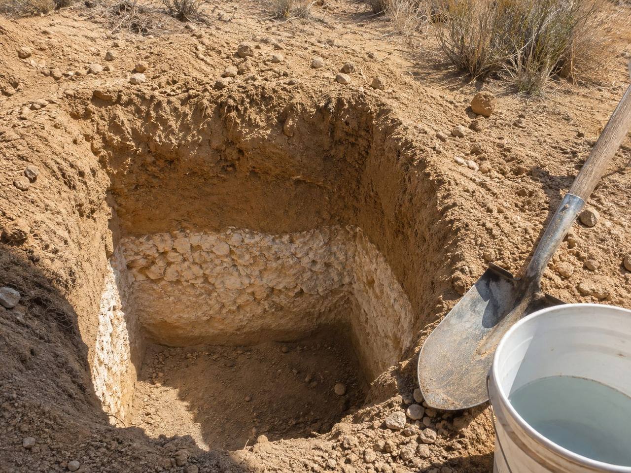 Close-up of a percolation test hole showing layered soil strata — sandy topsoil above a pale, hard caliche layer
