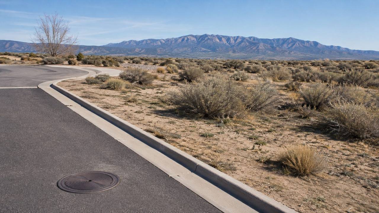 New Mexico residential street where paved road with a manhole cover transitions into open undeveloped high-desert land