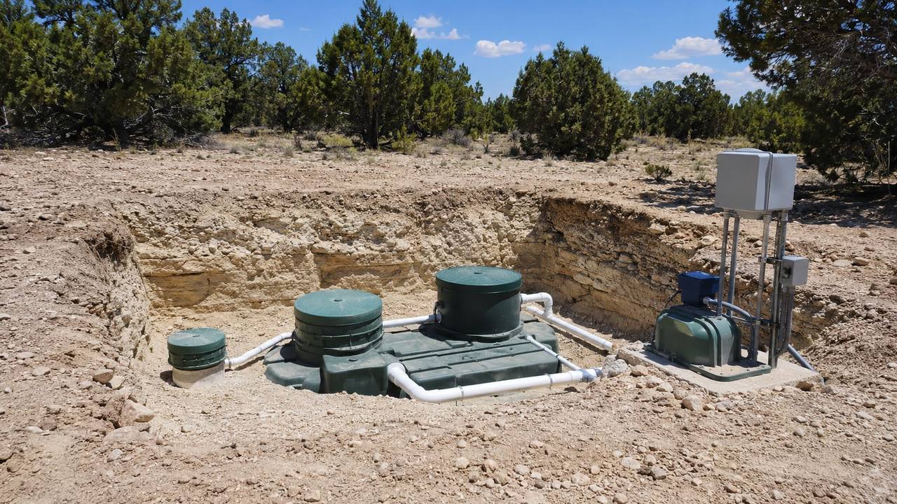 Aerobic septic treatment system components installed in a compact pit on a small, rocky New Mexico lot